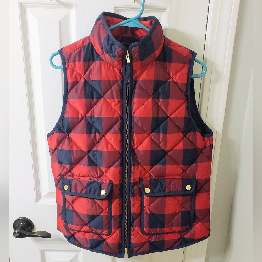 J. Crew Red and Navy Blue Plaid Insulated Vest NWOT